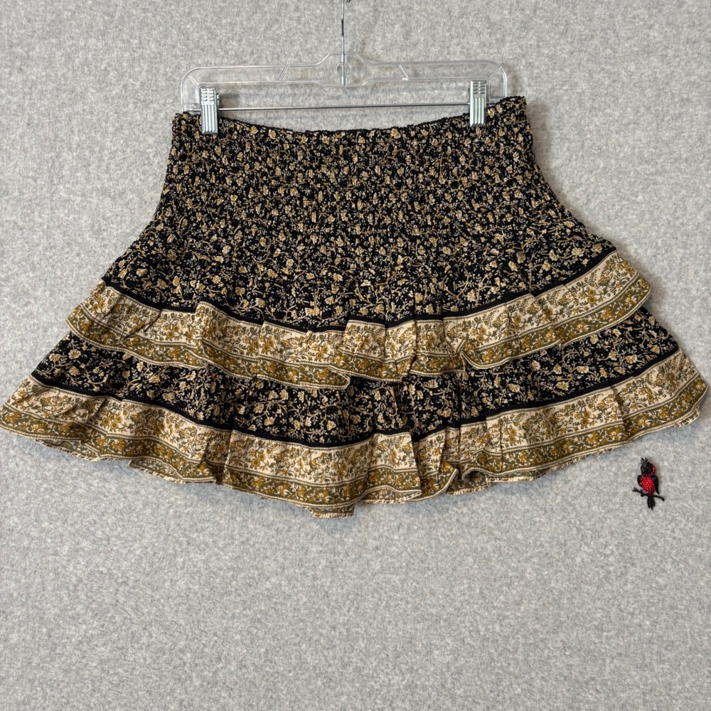 American Eagle Women's Large Mini‎ Skirt Floral Smocked Tiered Ruffle Black NWT